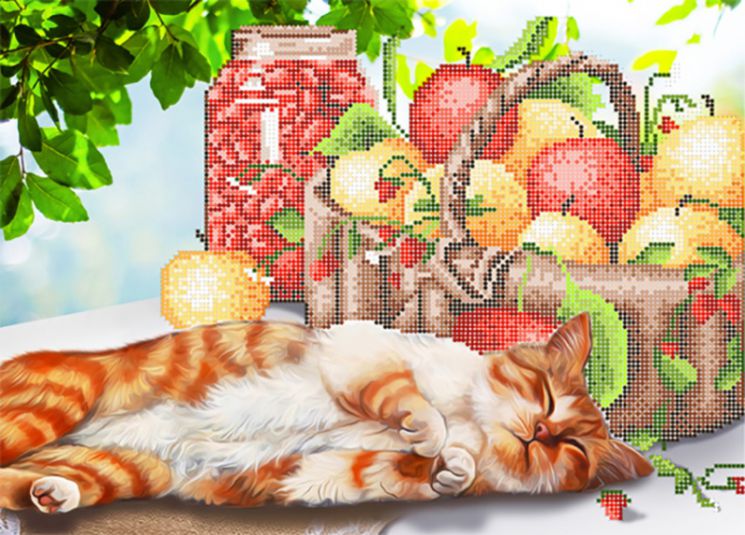 КБ-405 Схема для вышивания бисером ТМ Наследие "Котик с корзиной яблок"